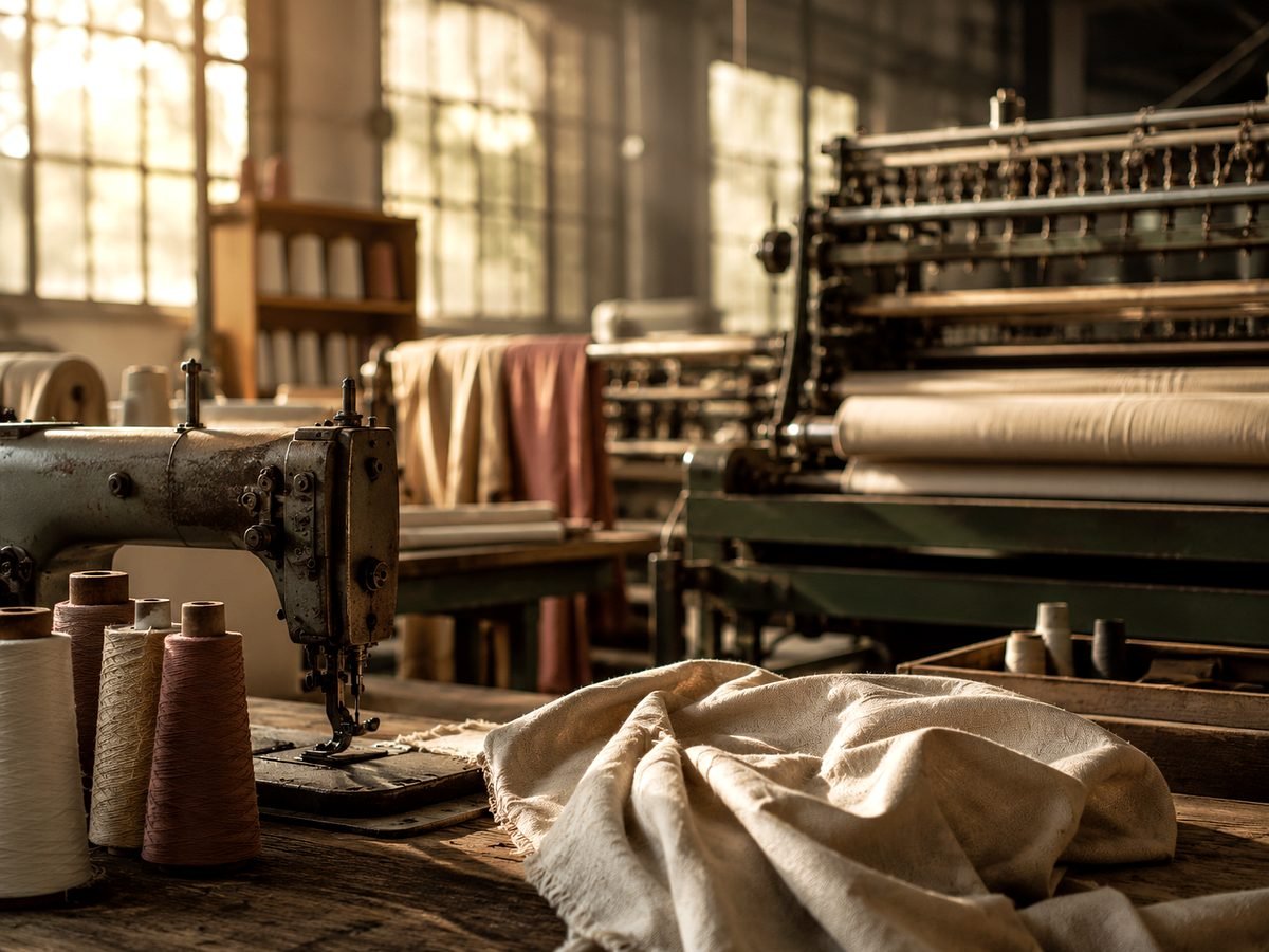 A heritage textile workshop with a vintage sewing machine, spools of blush and cream thread, draped fabric and a weaving loom in warm golden light