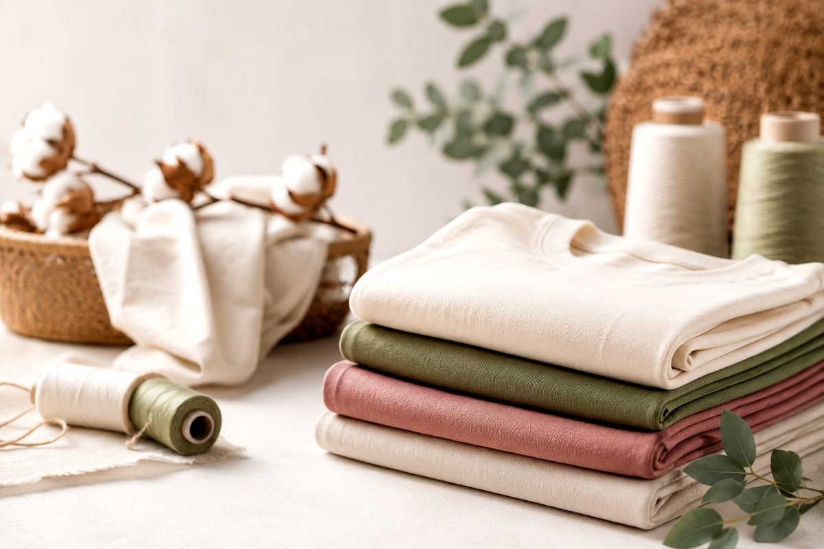 A stack of folded cotton T-shirts in cream, olive and rose beside cotton flowers and thread spools