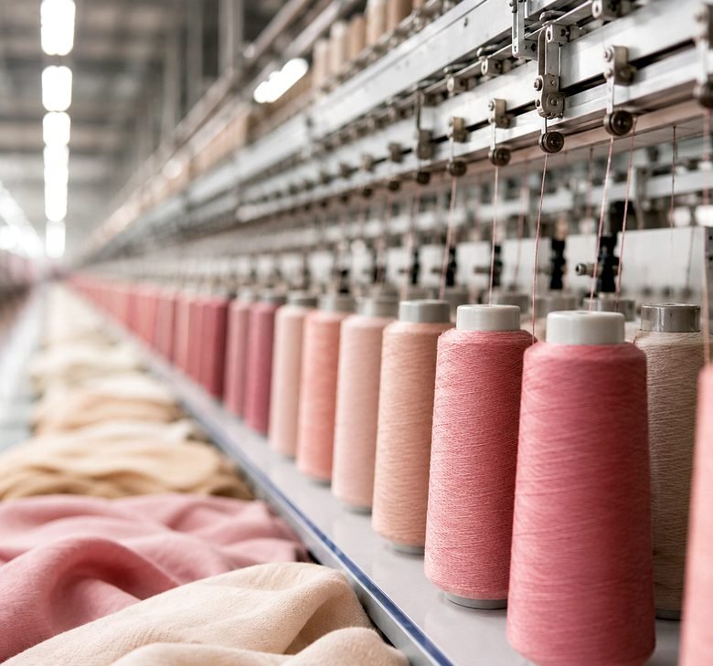 Rows of blush and cream cotton yarn cones being spun on a textile machine at a Link Up Textiles mill