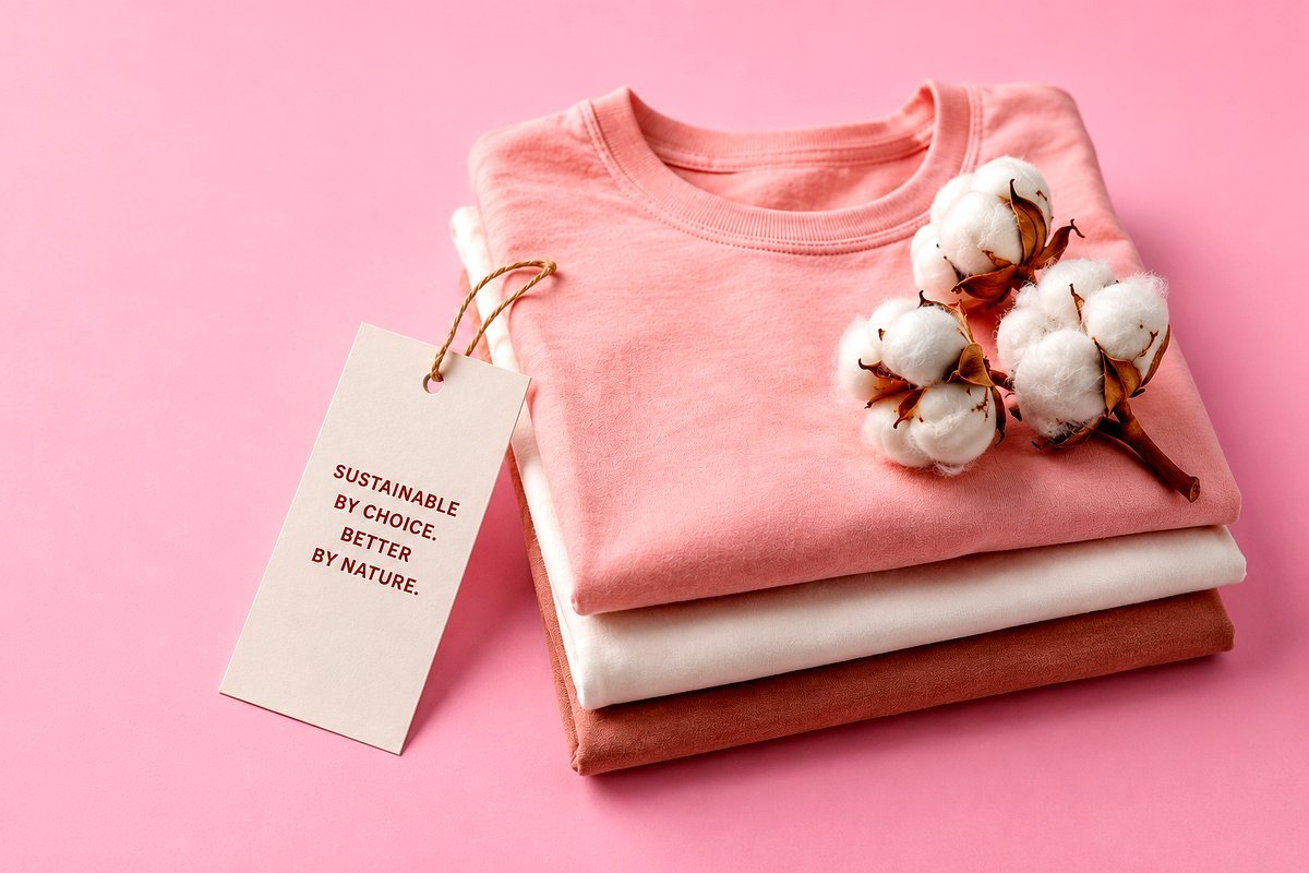 A stack of folded BCI cotton garments in blush, ivory and terracotta beside a cotton flower and a hangtag reading "Sustainable by choice. Better by nature."